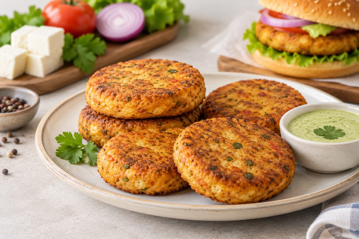 Paneer burger patties on a plate, from Chatha Foods Limited's release on its Dera Bassi plant