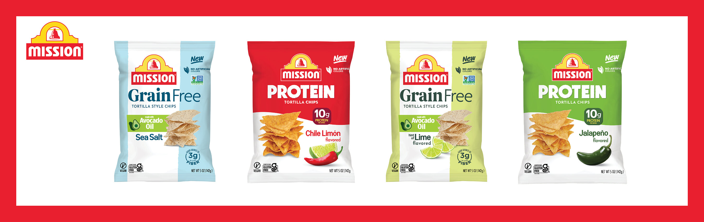 Mission Protein and Grain Free tortilla-style chip packages in four varieties