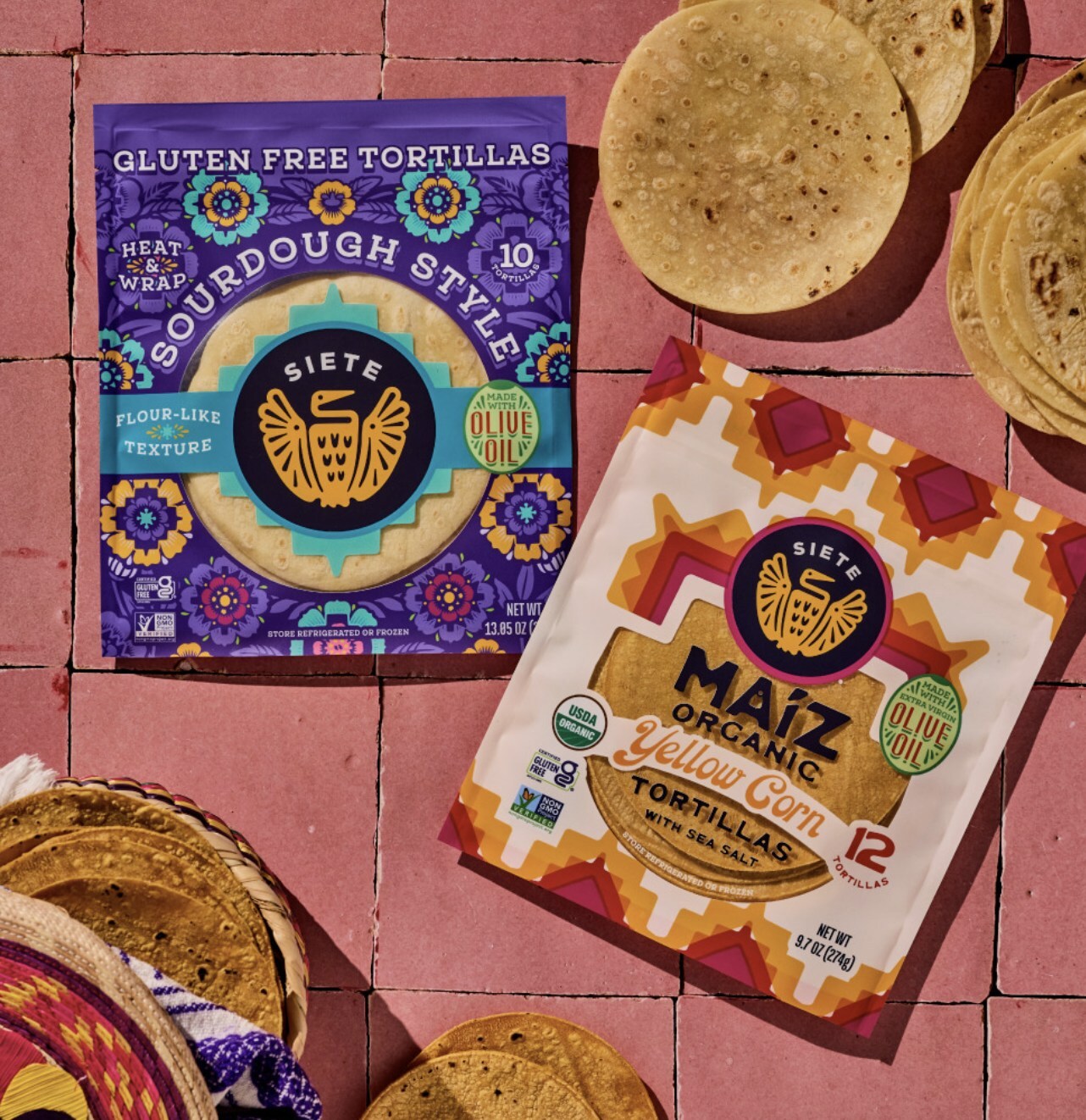Siete Maíz Organic Yellow Corn and Sourdough Style tortilla packages